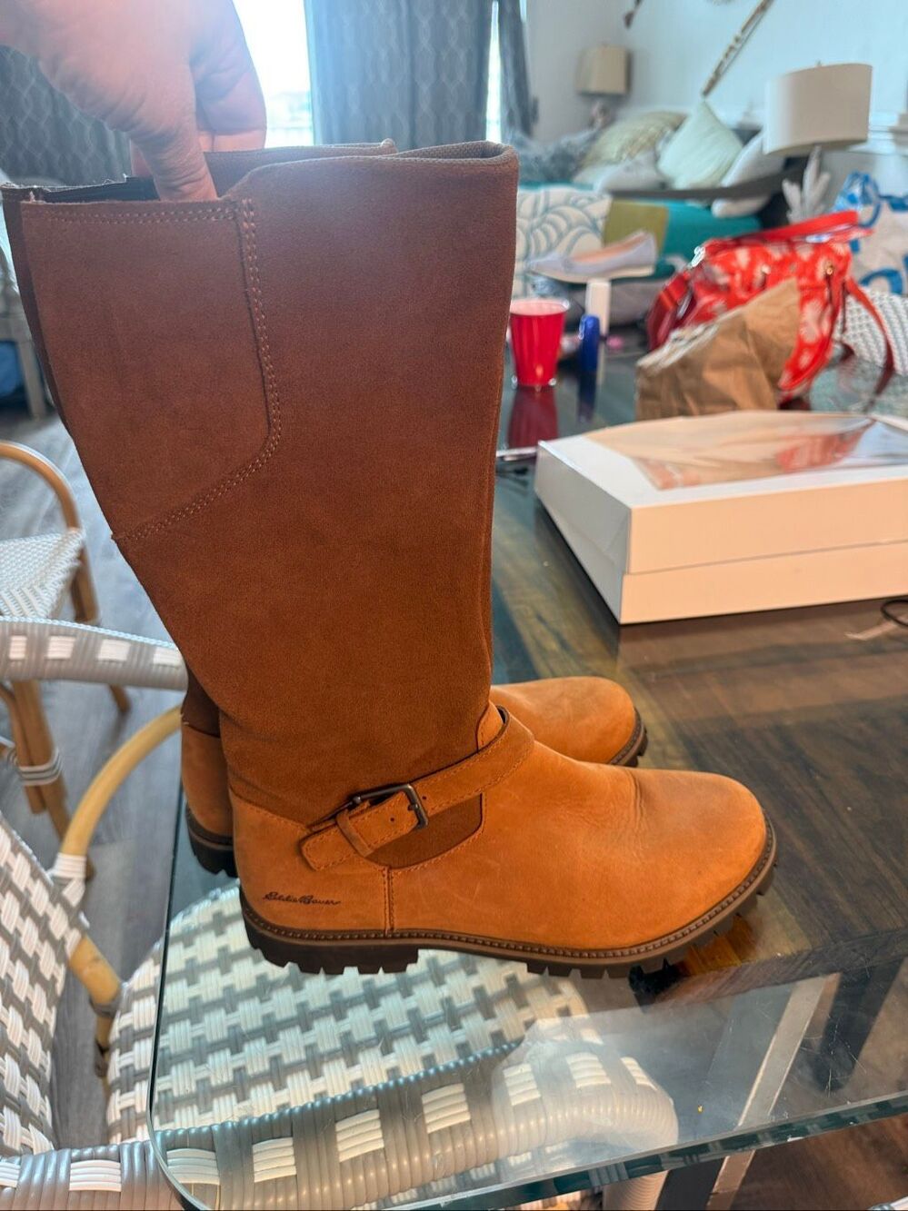 Eddie Bauer Magnolia Women’s Waterproof Suede & Leather Caramel Suede Boots sz 1